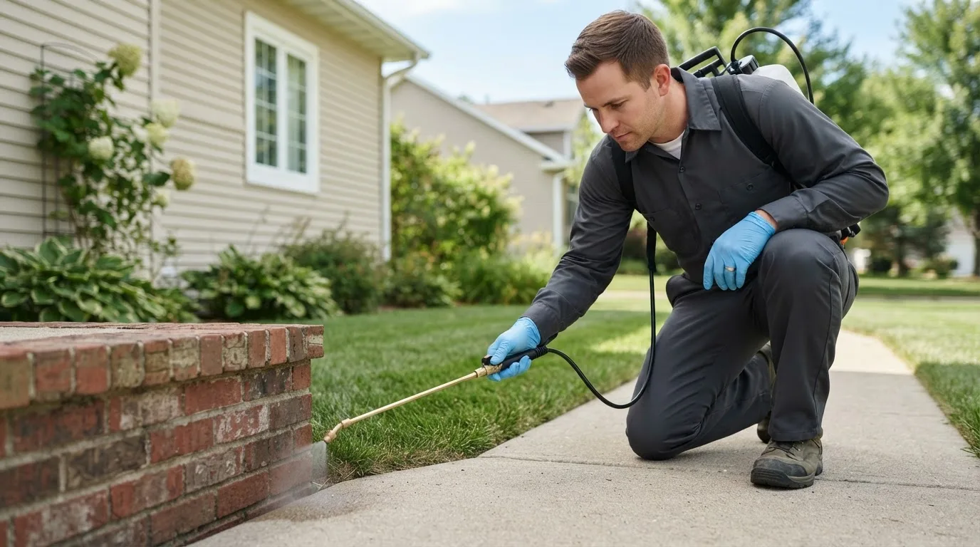 Pest control technician treating a home near Saint Hilaire, MN